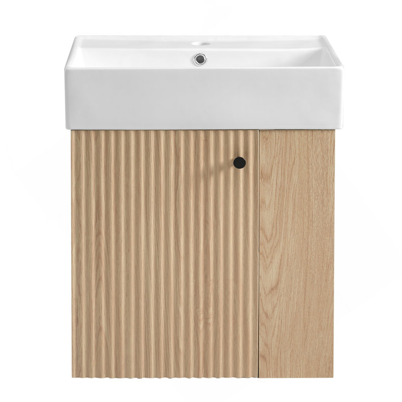 [Vidéo] Meuble-lavabo flottant moderne de 21,6 po avec lavabo en céramique - parfait pour les petites salles de bain, rangement à droite