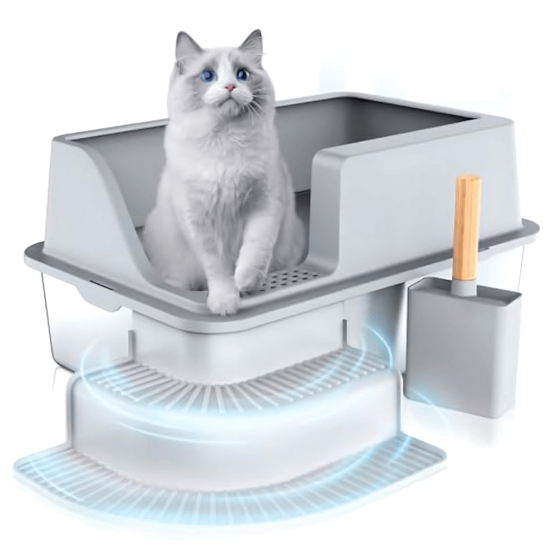Extra Large Stainless Steel Litter Box with Lid, Scoop and Step, Corner-entry