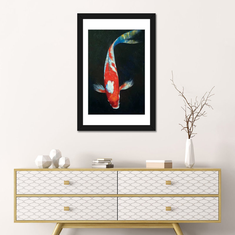 « koi », reproduction d’art sur toile, H 24 po x l 16 po x P 1 po, Papier d'art encadré noir, Blanc