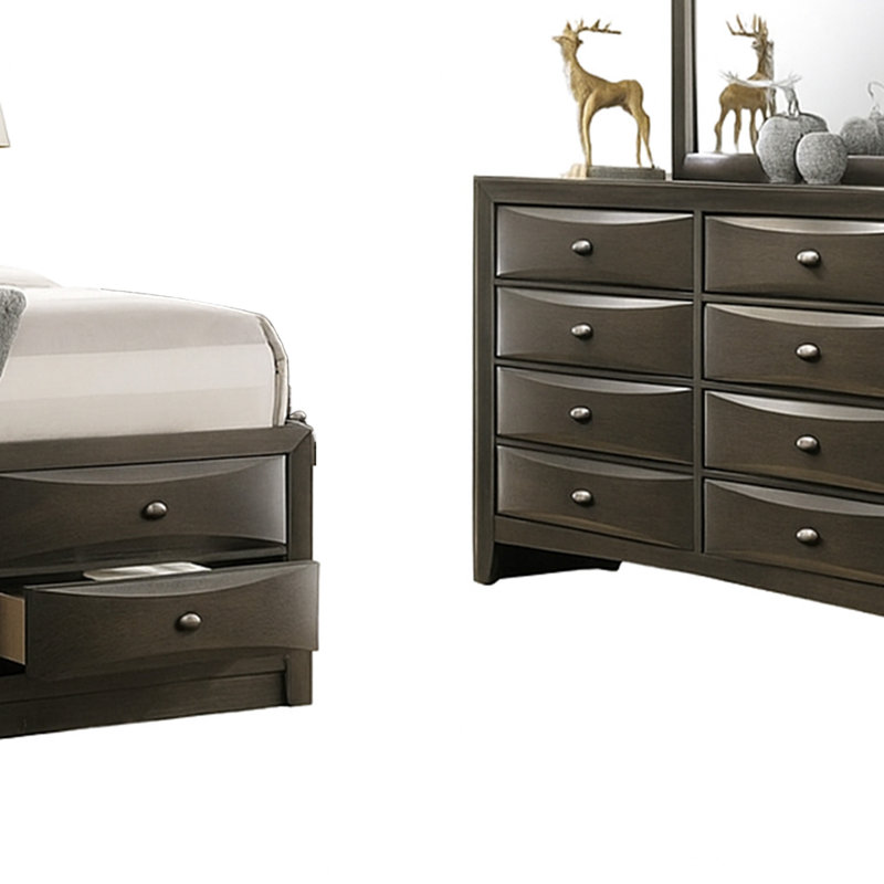 Ensemble de chambre à coucher grand avec 5 pièces Simo, tête de lit bibliothèque, 2 tables de chevet, gris, Gris
