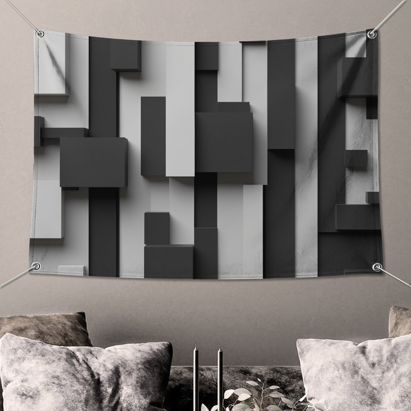 Tapisserie murale noir et blanc - Rectangles, H 104 po x 88 avec 4 œillets