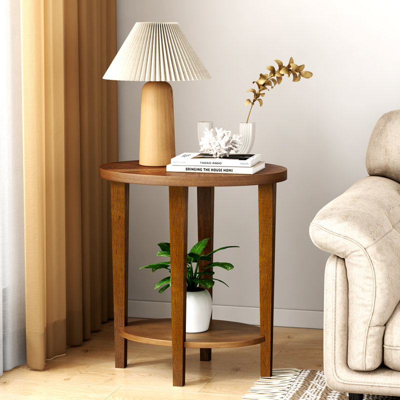 Table de bout ovale en bois massif avec rangement à 2 niveaux, style rustique, fabrication robuste, Brun