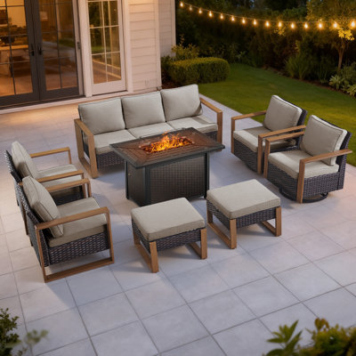 Drazen 9 - Person Patio Furniture Set With Fire Pit Table, All-Weather Wicker Outdoor Conversation Set With Chair And Thick Cushions by Lark Manor