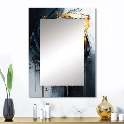 «Black Gold Abstract Shapes And Lines V», miroir mural à formes abstraites, miroir décoratif doré, impression sur métal