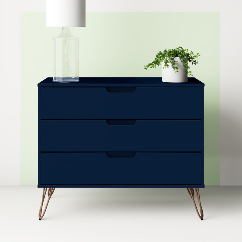 Commode anglaise 3 tiroirs Mid-Century Rockefeller, Bleu minuit Tatiana