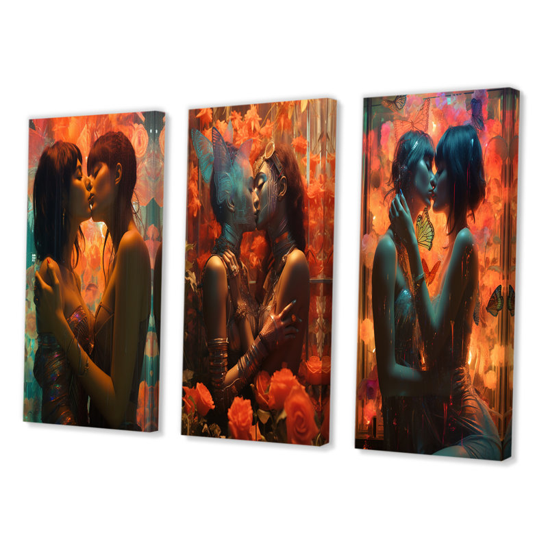 «Retro Portrait Of Lovers Kissing», 3 pièces sur toile, Toile tendue, H 20 po x l 36 po
