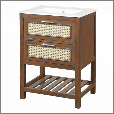 24" Bathroom Vanity with Integrated Ceramic Sink, Bathroom Cabinet with 1 Deep Drawer, 1 Tip-Out Drawer, Single Sink Bathroom Vanity for Small and Medium Restroom