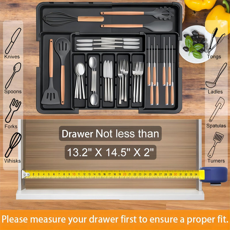Silverware Organiser - Grand organisateur de tiroir de cuisine extensible avec 2 blocs à couteaux amovibles, séparateurs de tiroir à couverts pour couverts (6 à 9 fentes) (noir)