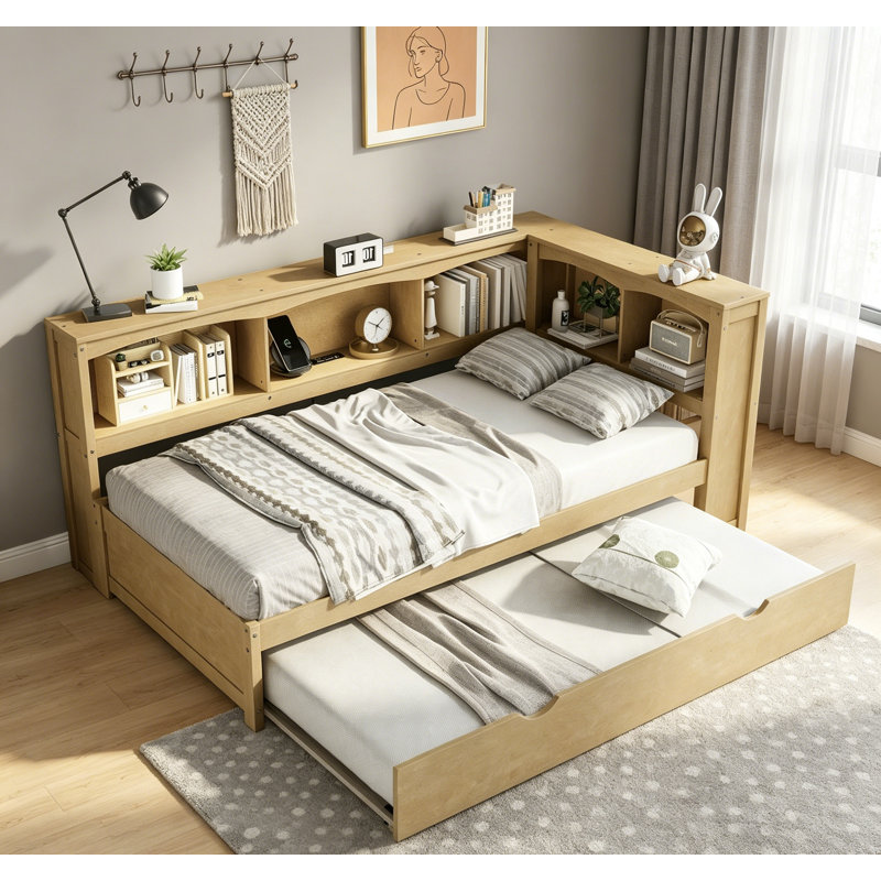 Lit de jour simple avec lit gigogne, armoires de rangement et ports USB, blanc, conception compacte et fonctionnelle pour les chambres modernes