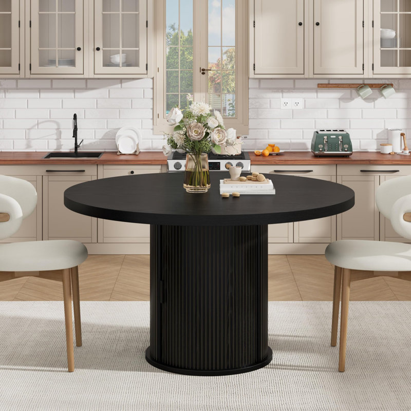 47 Inch Round Dining Table for 4, Modern Farmhouse Kitchen Table with 2-Layer Storage Shelf and a Drawer, Circle Dining Tables with Wood Strip Base for Kitchen Living Room