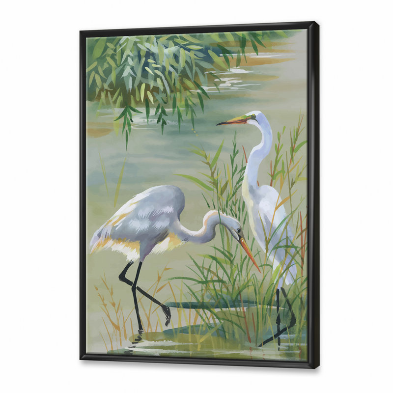Heron Birds I - reproduction sur toile, Toile avec cadre noir, H 32 po x l 16 po x P 1 po