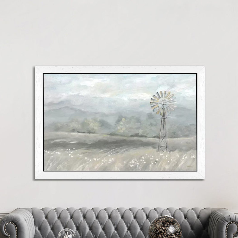 Country Meadow Windmill Landscape Neutral by Cynthia Coulter - Print on Canvas, 101.6 cm H x 66.04 cm W, White Floater Framed