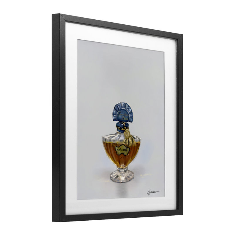 Classy Luxury Perfume Bottle, impression sous verre encadrée, design par Mary Sparrow, H 21 po x l 17 po, Cadre noir minuit