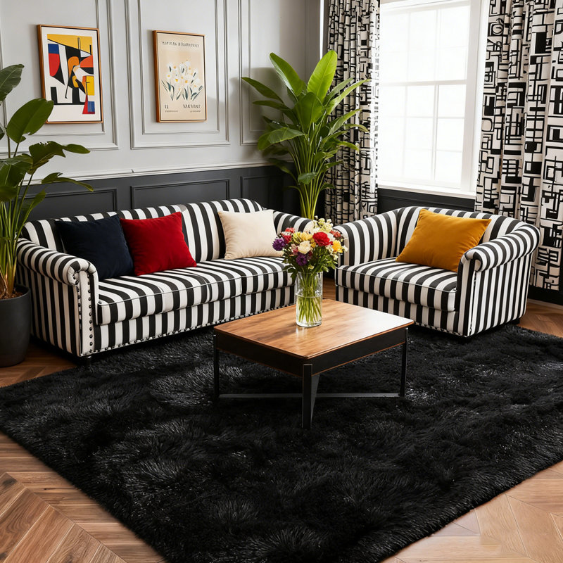Soft Fluffy Black Faux Sheepskin Area Rug, Rectangle 5' x 8'