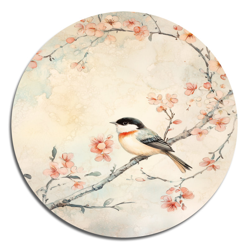 Décoration murale ronde en métal Chinoiserie Birds & Blossoms, L 16 po x H 16 po