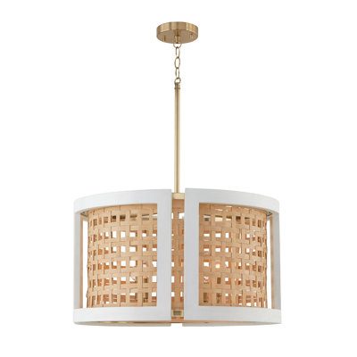 Lustre tambour 4 lumières Alonzo l 24 po x H 14 po délavé à la craie fabriqué à partir de bois de manguier fabriqué à la main et de jacinthe d'eau