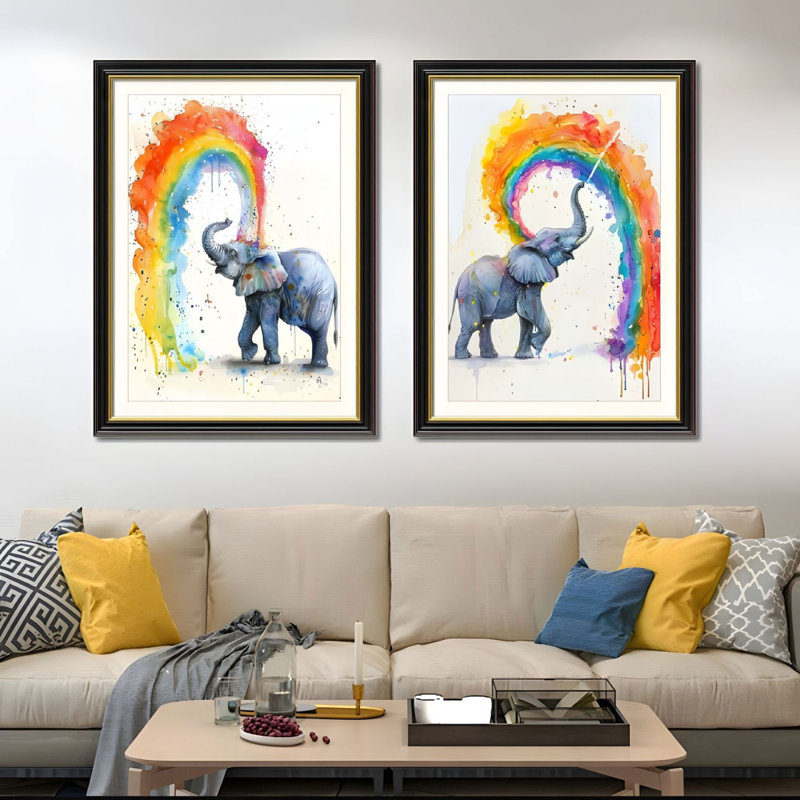 Ensemble de 2 art mural encadré éléphant coloré