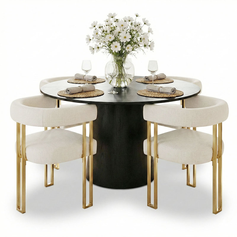 Bingham 4 - Person Dining Table Sets With 52'' Round Table & 4 Upholstered Chenille Gold Chairs