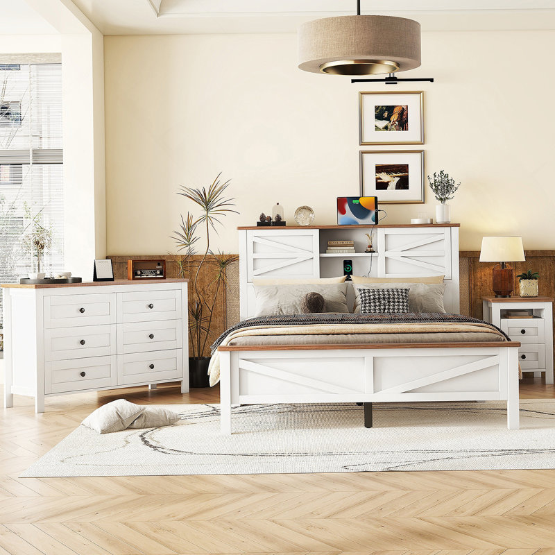 3-Pieces Bedroom Sets Queen Size  Farmhouse Platform Bed With Double Sliding Door Storage Headboard, Storage Nightstand And Dresser, White+Brown