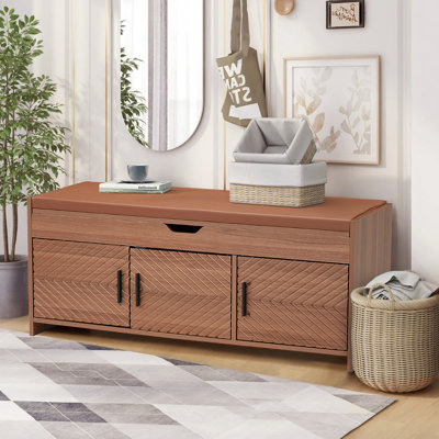 Banc de rangement rembourré en bois pour hall d'entrée avec siège rembourré et compartiments cachés 43,7 po