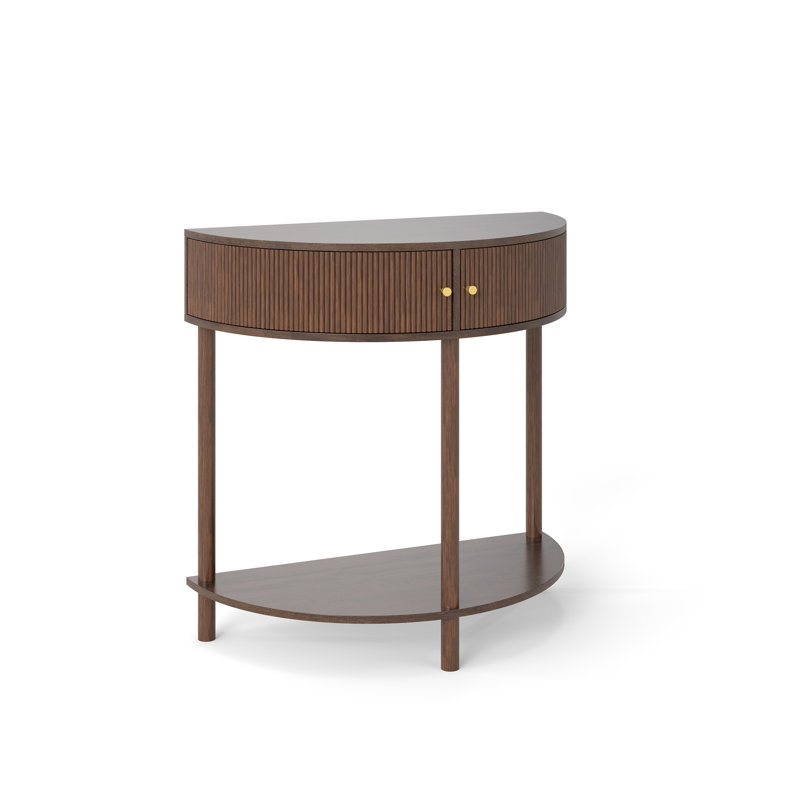 Artisan-Crafted Wave-Pattern Demi-Lune Console Table with Brown Woodgrain,Unique Half Moon Design End Table with 2 Storage Drawers and Bottom Shelf for Living room, Bedroom, Study, Hallway