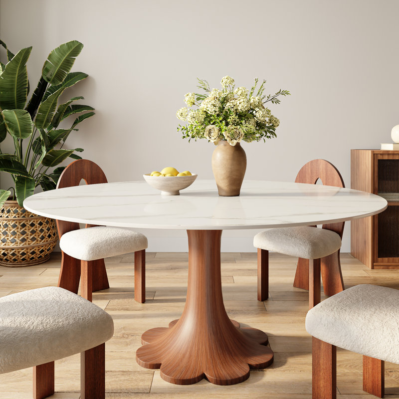 Round Stone Danner Solid Wood Pedestal Floral Shape Kitchen Dinner Table For 4/6/8, Blanc / Gris