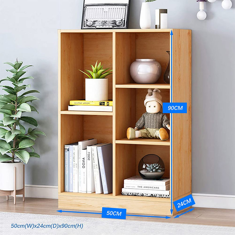 Bibliothèque à 3 niveaux avec tablette ouverte en bois avec base, présentoir 5 cubes et rangement en un, Jaune poire