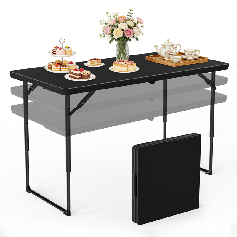 4 FT Adjustable Height Folding Table, 400 lbs Heavy Duty Plastic Table with Iron Legs, Fold-in-Half Portable Table with Handle for Indoor Outdoor Camping Picnic Party,Black