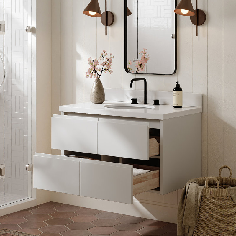   Ensemble de meuble-lavabo mural ovale simple 36 po avec comptoir en quartz blanc de 1,5 po Ensuko, Ovale, Blanc chaud