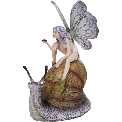 Fantasy Purple Elf Pixie Fairy Ladybug Sitting On Giant Snail Mollusk Figurine