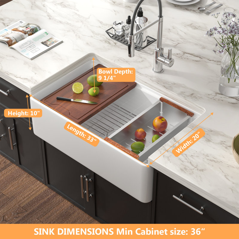 33"L x 20"W Undermount Workstation Kitchen Sink Ceramic Rectangular Farmhouse Apron Single Bowl Kitchen Sink with Bottom Grid,Cutting Board