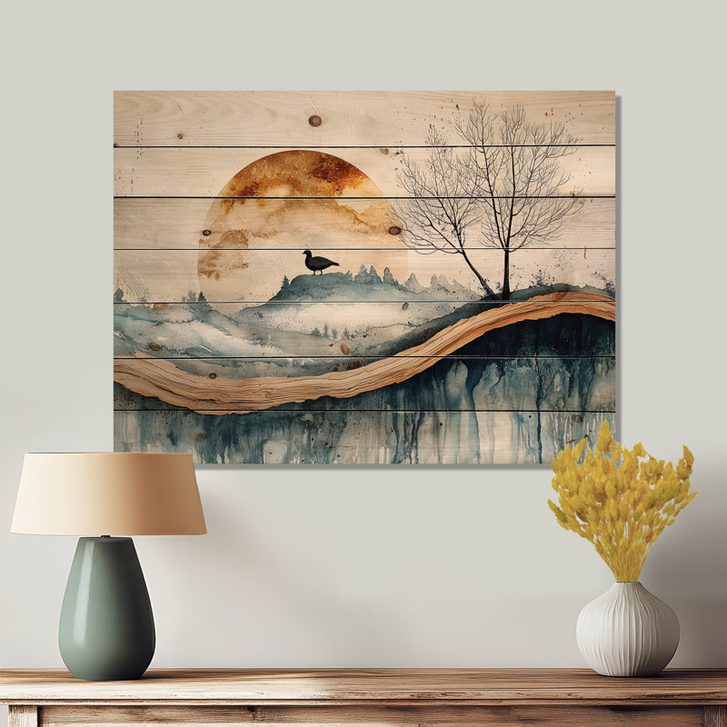 «Goose Animals Into A Winter Horizon I», reproduction sur bois d'un animal d'oie - sur bois de pin naturel, H 10 po x l 20 po