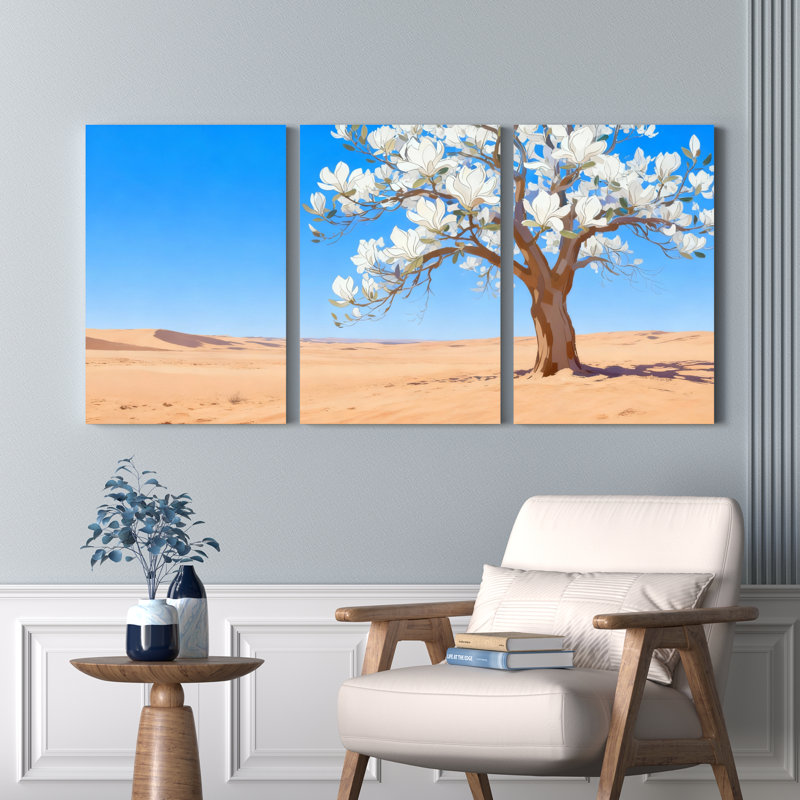 Ensemble de 3 tableaux muraux sur toile représentant un arbre en fleurs du désert, H 24 po x l 48 po