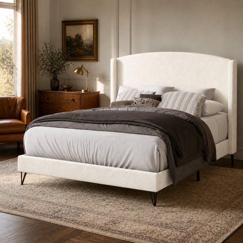Lit plateforme tapissier Padilla Queen Boucle, Beige