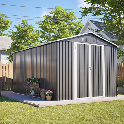 8x12 Ft, Lockable, Metal, Outdoor Storage, Grey, Aluminum Frame, Ample Space, Garden Tools, Double Doors, Simple And Quick Storage Tool Shed, Room, Bicycles, Easy - Access Ventilated Roof