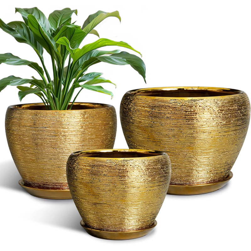 Ensemble de 3 jardinières en céramique dorée (10 po, 8 po, 6 po) avec trous de drainage et soucoupes