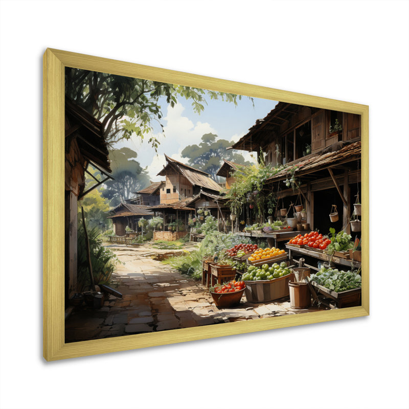 Décoration murale du village thaïlandais I - Thaïlande, Encadrement doré, H 12 po x l 20 po x P 1 po