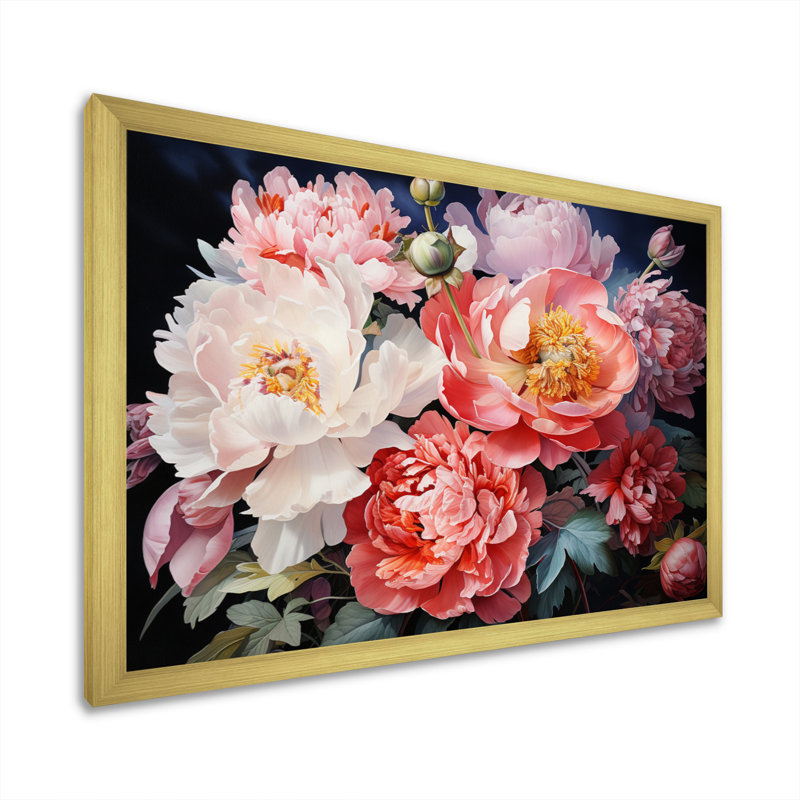 China Peony Bouquet On Canvas Print, 16" H x 32" W x 1" D, Gold Picture Frame