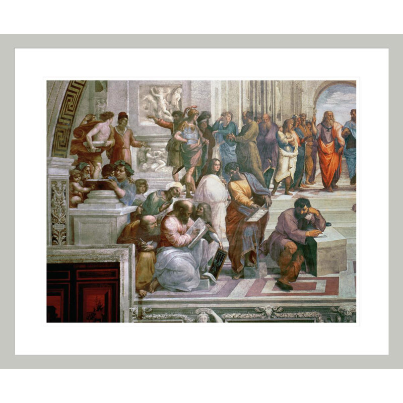 L'école d'Athènes, détail du côté gauche montrant Pythagore entouré d'étudiants et Michel-Ange de Raphaël - Impression Giclée encadrée