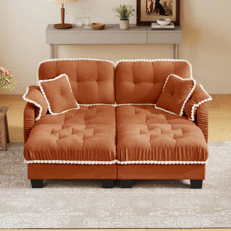 Canapé en chenille avec 4 coussins et garniture pompon avec 2 repose-pieds Chenille, Chenille orange