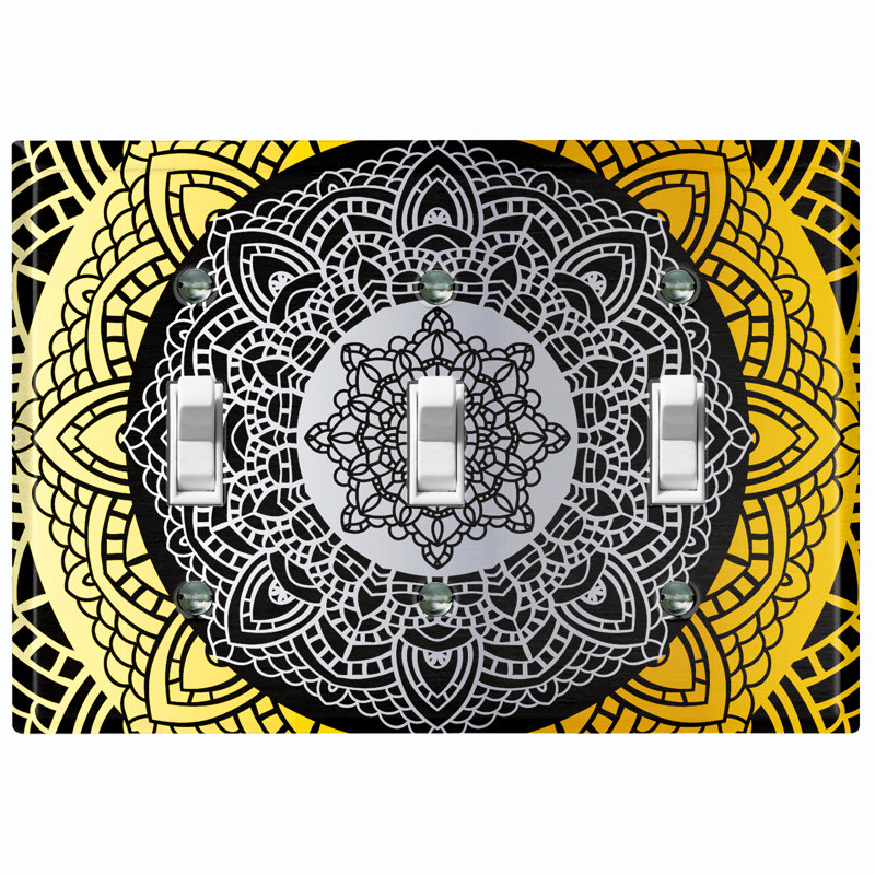 Yellow Black Mandala Circle Patterned 3 - Gang Toggle Light Switch Standard Wall Plate