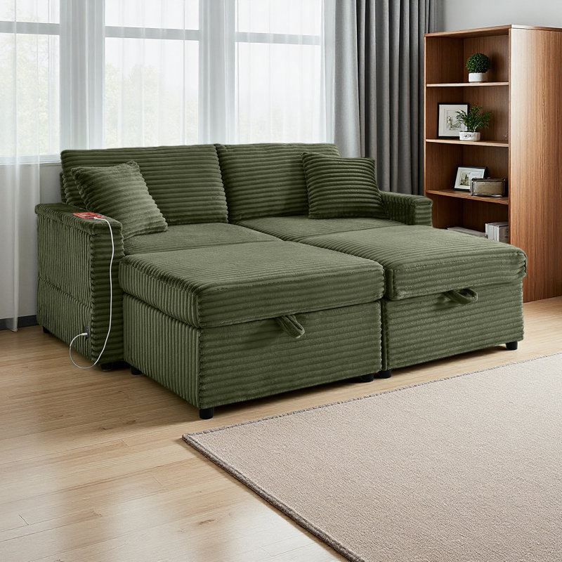 Canapé confortable moelleux en velours côtelé, espace de rangement pour grande causeuse, méridienne super moelleuse avec repose-pieds double et table de bout