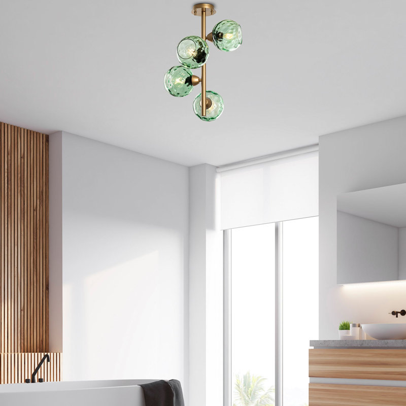 Elegant Mint and Gold Chandelier, 15.7 x 15.7 x 21.7 inches | Metal Body, Glass Cap, 4 x E27 Sockets (Max 40W) | Ideal for Living Room, Dining Room, and Entryways | Stylish and Modern Lighting Fixture