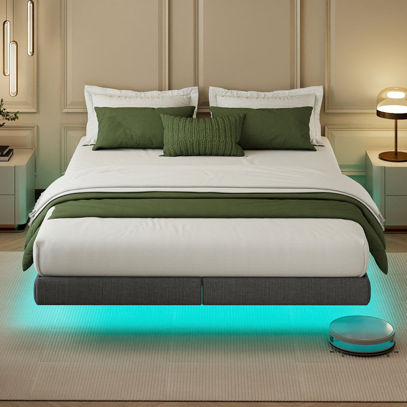 Cowen Floating Bed Frame with LED Lights Metal Slats Underbed Storage Space No Box Spring, Queen, Grey
