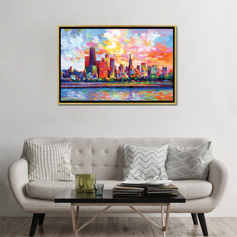 Chicago Skyline by Leon Devenice iCanvas, 32" H x 48" W x 1.5" D, Gold Floater Frame Canvas