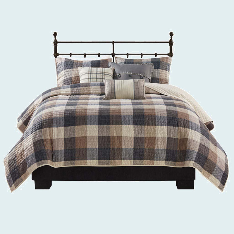 6 Piece Printed Herringbone Quilt Set With Throw Pillows Neutral, Full/Queen Quilt + 2 Standard Pillow Shams