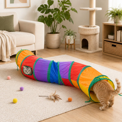 47'' Rainbow Crinkle Pop-Up Cat Tunnel for Indoor Cats and Small Pets