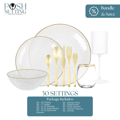 Ensemble de fête en plastique jetable transparent et doré - martelé biologique (30 réglages)
