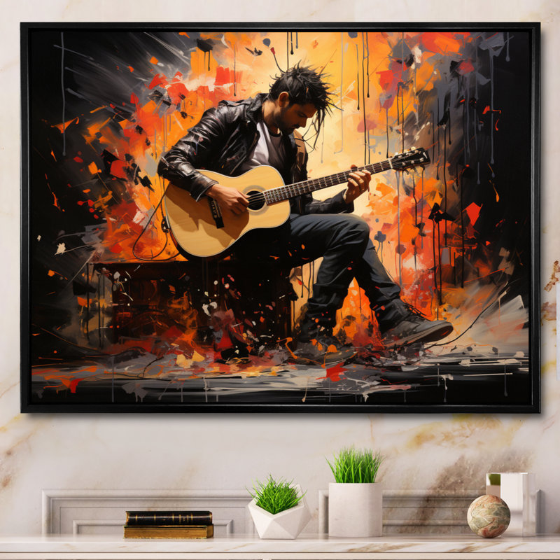 «Orange Black Music Melodic Strings», reproduction encadrée sur toile, H 24 po x l 32 po x P 1 po, Cadre flottant noir