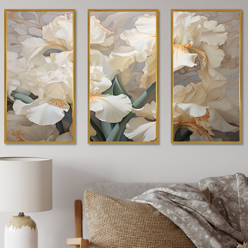 «Beige minimalisme Iris Radiant Petals», ensemble d'impressions d'art mural, Cadre flottant doré, H 32 po x l 48 po x P 1 po